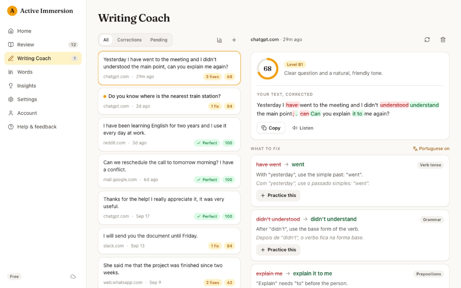The Writing Coach correcting a message