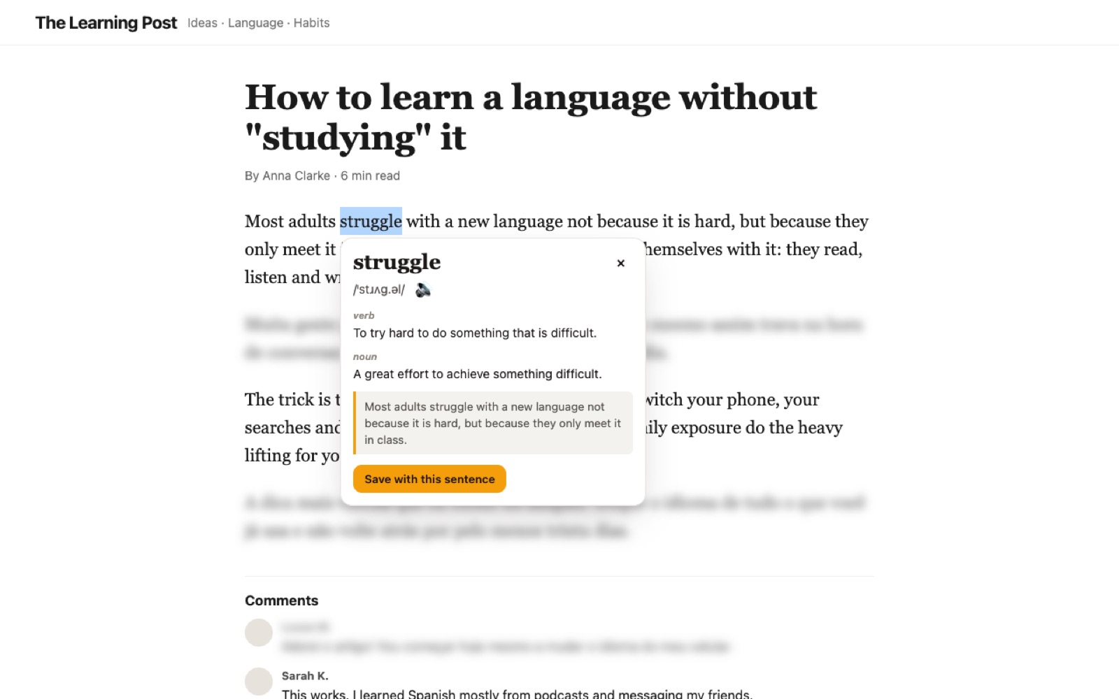 The extension showing the meaning of a word on a page