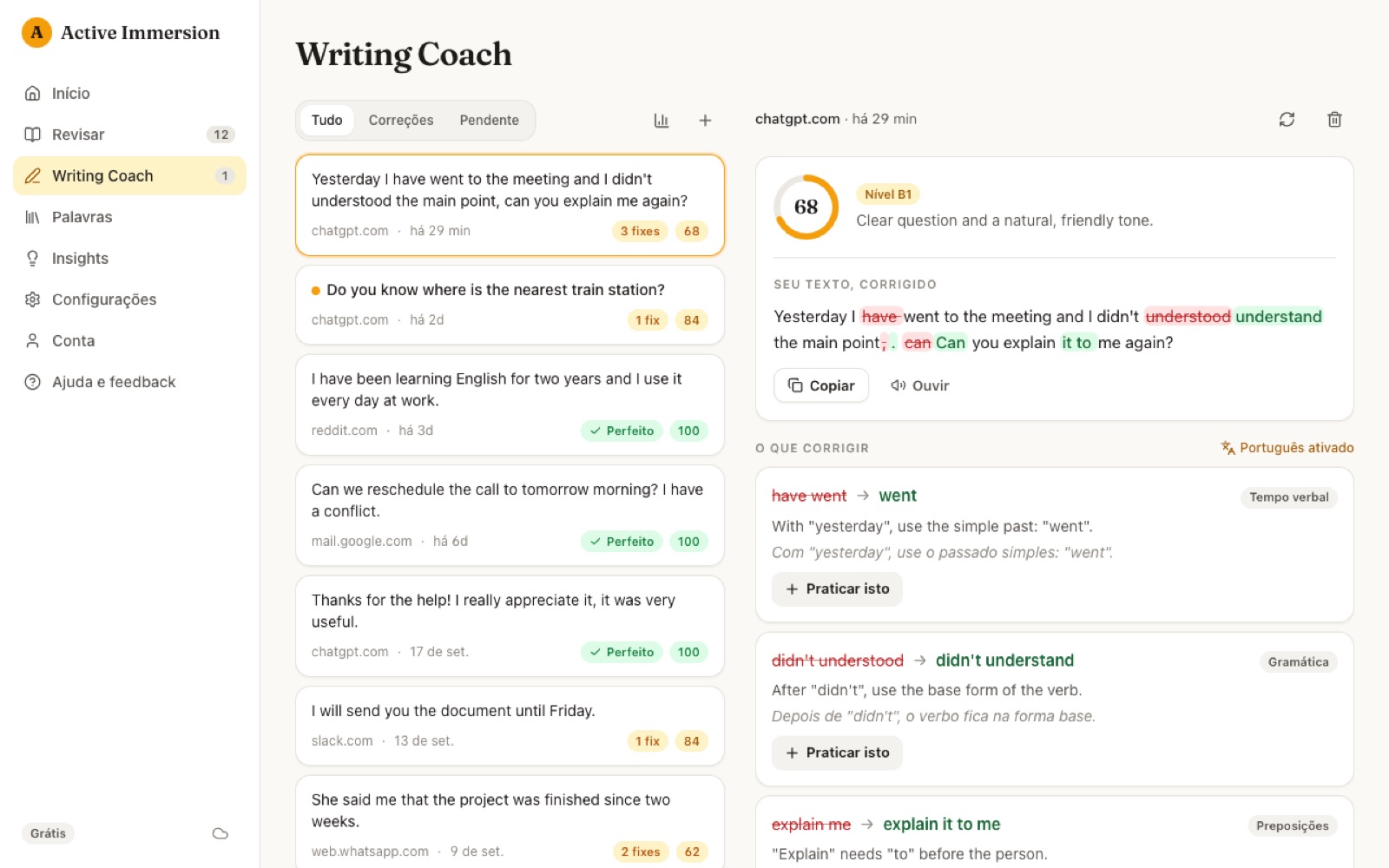 O Writing Coach corrigindo uma mensagem
